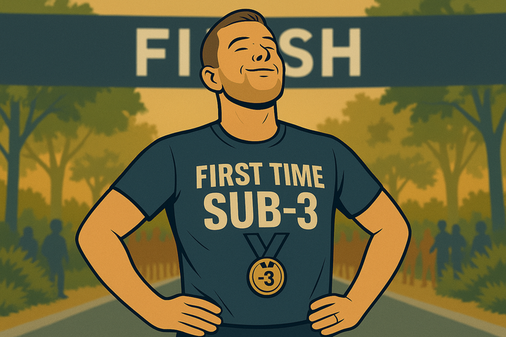 Cartoon-style image of a proud male runner standing under a FINISH banner, wearing a "FIRST TIME SUB-3" shirt and medal, chest out and smiling in triumph.