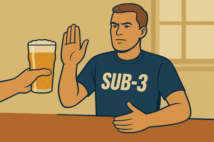 A serious-looking male runner in a SUB-3 t-shirt raises his hand to politely refuse a pint of beer being offered to him, seated at a table in a calm setting.