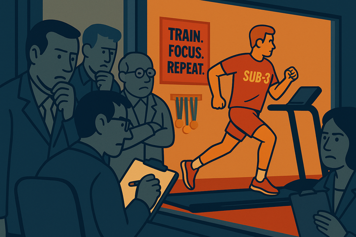 A stylised digital illustration of a sub-3 marathon runner being observed through glass by scientists with clipboards in a research room, highlighting contrasting mindsets.