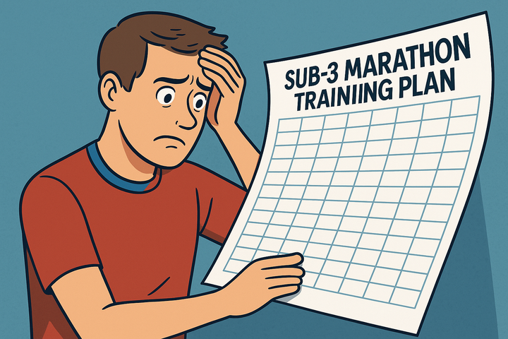 Cartoon-style image of a confused sub-3 runner holding an enormous training plan titled "SUB-3 MARATHON TRAINING PLAN", looking overwhelmed by its complexity.