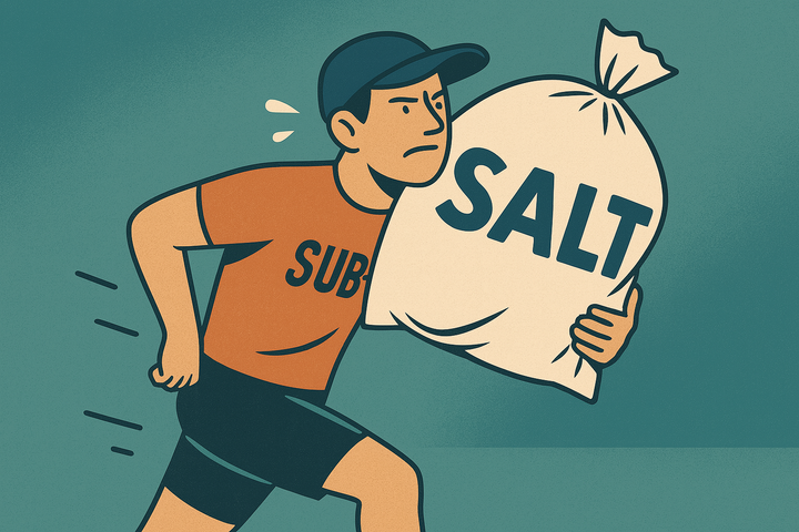 Stylised cartoon of a sub-3 runner carrying a heavy sack of salt on his shoulder, mid-stride, looking strained. The sack is clearly labelled “SALT”.