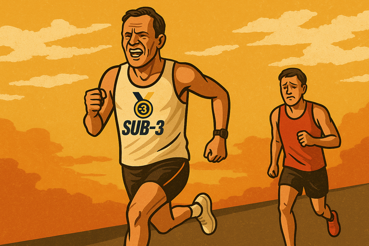 Stylised image of a determined runner in a SUB-3 vest sprinting to the finish, with a trailing competitor behind him showing a defeated expression under orange skies.