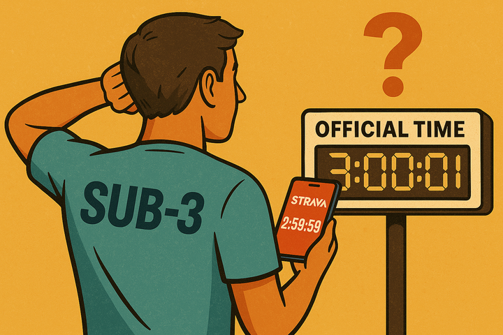 Stylised illustration of a runner in a Sub-3 t-shirt holding a phone showing a 2:59:59 Strava time while looking confused at a race clock displaying 3:00:01.