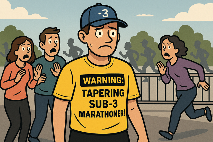Cartoon of a sub-3 runner in a yellow T-shirt reading “WARNING: TAPERING SUB-3 MARATHONER!” as startled bystanders edge away, with one person fleeing in panic.