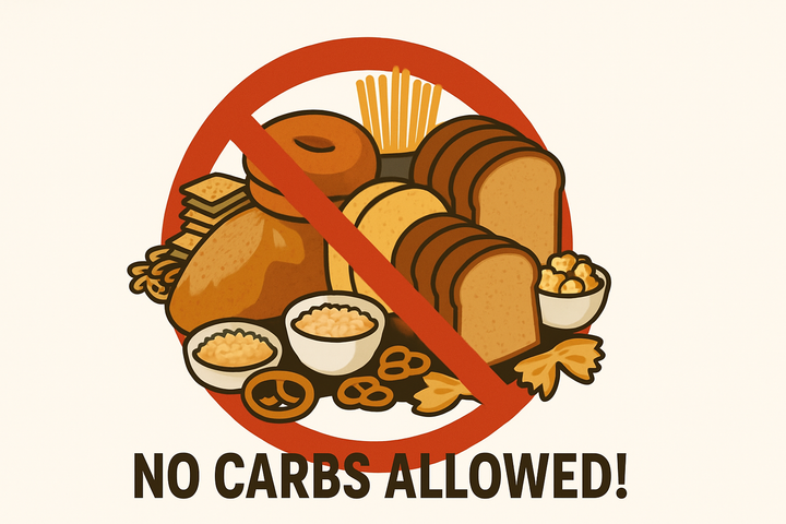Digital illustration of carb-rich foods like bread, pasta, and cereal inside a red forbidden sign, with bold text below reading “NO CARBS ALLOWED!” on a beige background.