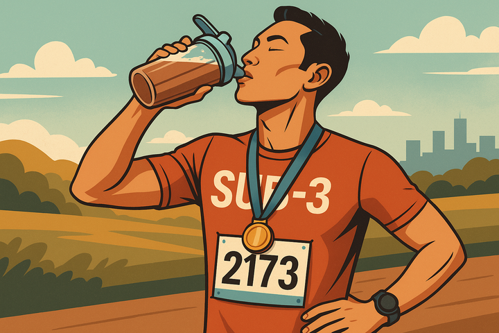 A stylised SUB-3 marathon runner in an orange shirt with bib and medal drinks a chocolate protein shake post-race, wearing a watch, with city and hills in background.