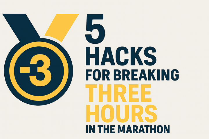 Graphic with a navy and gold medal icon and bold text reading: "5 hacks for breaking three hours in the marathon" in alternating navy and gold lettering.