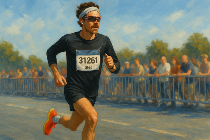Painterly illustration of a marathon runner in black with bib 31261 ‘Sted,’ red shoes, headband and sunglasses, mid-stride on a sunlit road with blurred crowd behind.