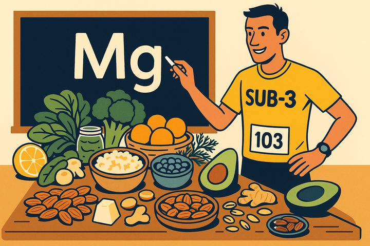 Stylised illustration of a SUB-3 runner in yellow shirt writing “Mg” on a chalkboard, surrounded by magnesium-rich foods like spinach, nuts, avocado, citrus and broccoli.