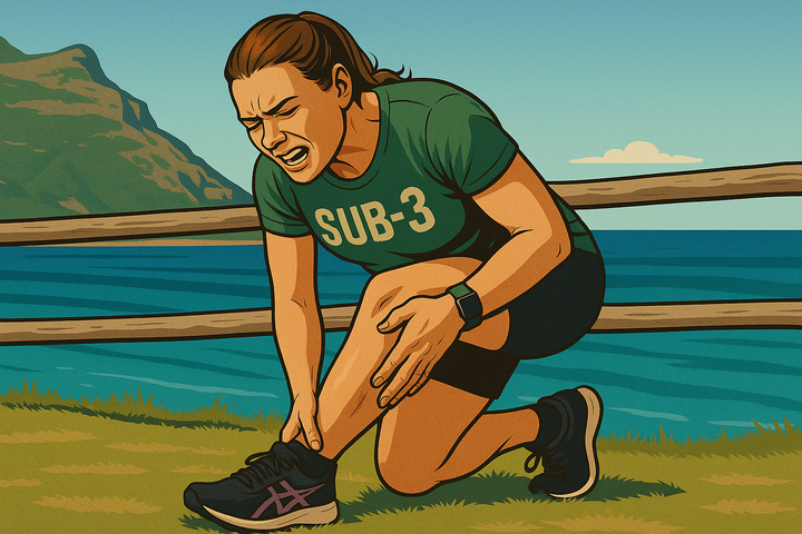 Stylised graphic of a female runner in a green SUB-3 shirt kneeling on grass, grimacing as she clutches her shin, with ocean and mountains in the background.