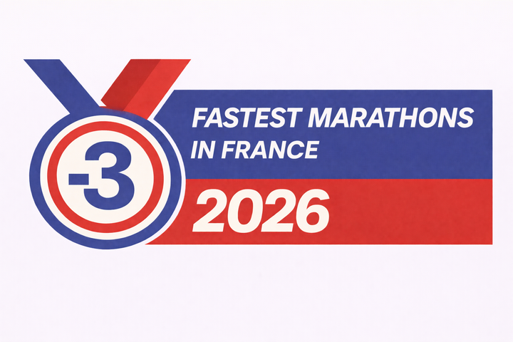 FASTEST MARATHONS IN FRANCE graphic in a refined red and blue two-tone colourway, featuring a Sub-3 medal icon and the year 2026 in bold, clean typography.