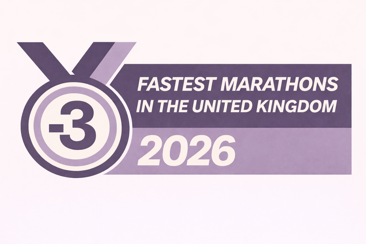 FASTEST MARATHONS IN THE UNITED KINGDOM graphic in a clean two-tone purple colourway, featuring a Sub-3 medal icon and the year 2026 in bold, minimalist typography.