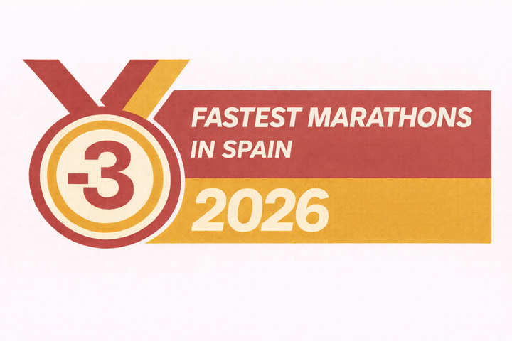 FASTEST MARATHONS IN SPAIN graphic in a refined red and orange two-tone colourway, featuring a Sub-3 medal icon and the year 2026 in bold, clean typography.