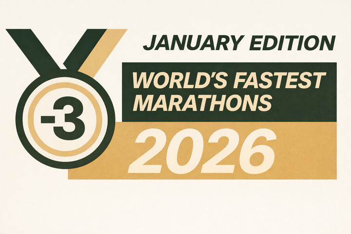 Sub-3 medal graphic announcing “World’s Fastest Marathons 2026 – January Edition” in dark green/blue and orange, with large 2026 text and stylised podium ribbon.