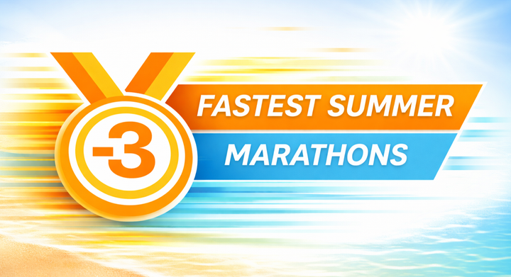 Sub-3 graphic for Fastest Summer Marathons showing a -3 medal icon with orange and blue motion bars over a bright beach and ocean background.