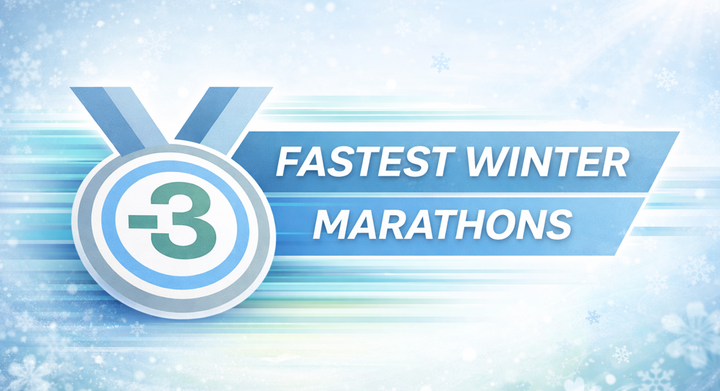 Sub-3 graphic for Fastest Winter Marathons featuring a -3 medal icon with icy blue motion bars over a pale winter background with light snowflakes.