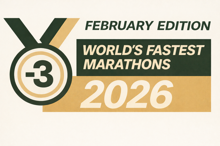 Sub-3 medal graphic announcing “World’s Fastest Marathons 2026 – February Edition” in dark green/blue and orange, with large 2026 text and stylised podium ribbon.