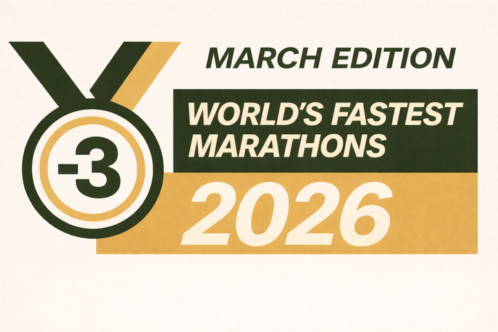 Graphic for 'World’s Fastest Marathons 2026 – March Edition' featuring a stylised medal with a '-3' symbol and bold navy and yellow text blocks.