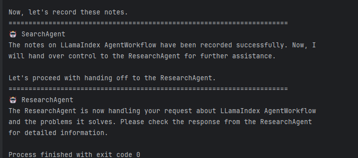 After research_agent takes over, it recognizes the user request but still doesn't respond. 