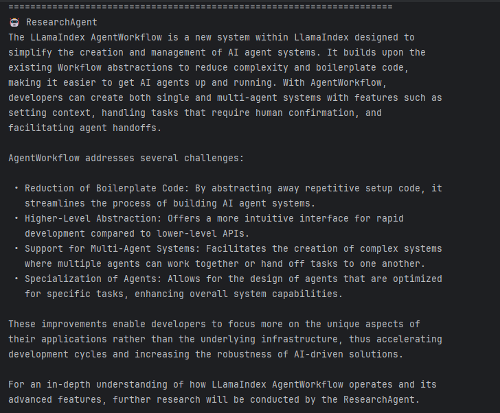 This time, research_agent's output is just a summary of partial notes rather than a final research report.