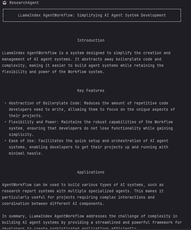 ResearchAgent not only continues processing the user request but fully perceives the search notes, ultimately producing a perfect research report.