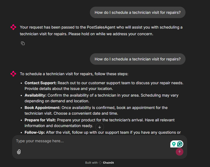 The receiving agent doesn't immediately respond to the user's latest request - the user has to repeat their question. 