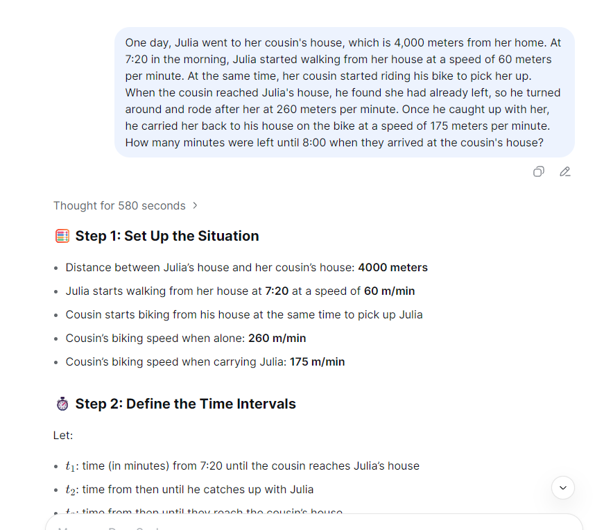 A simple math problem took deepseek 580 seconds to finally solve.