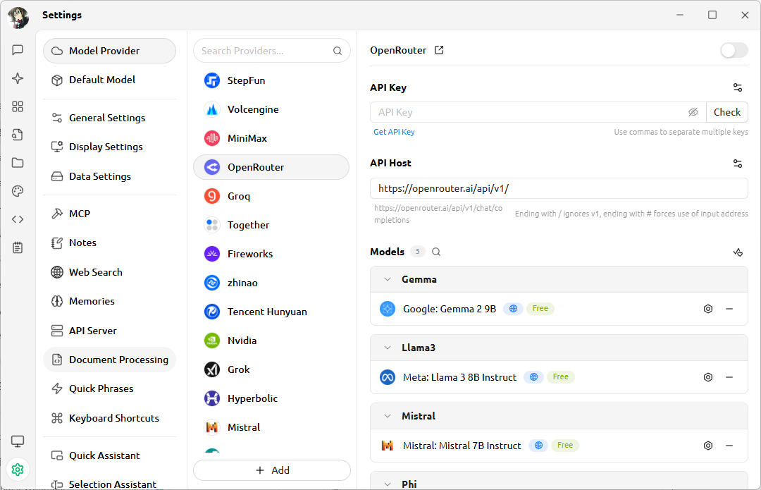 Configure the model service in Cherry Studio's settings interface.