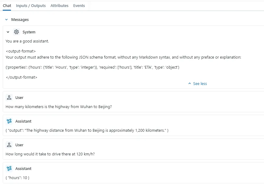 The second round of conversation switched to the response_format parameter passed into the run_stream method.