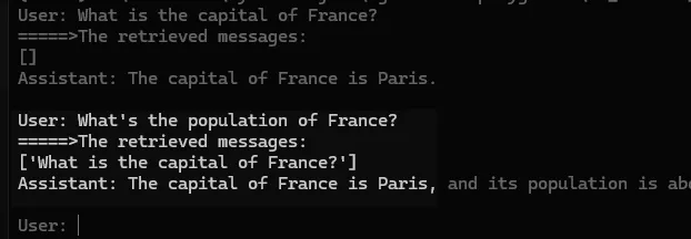 The distance_threshold is too high, causing irrelevant messages to be retrieved.