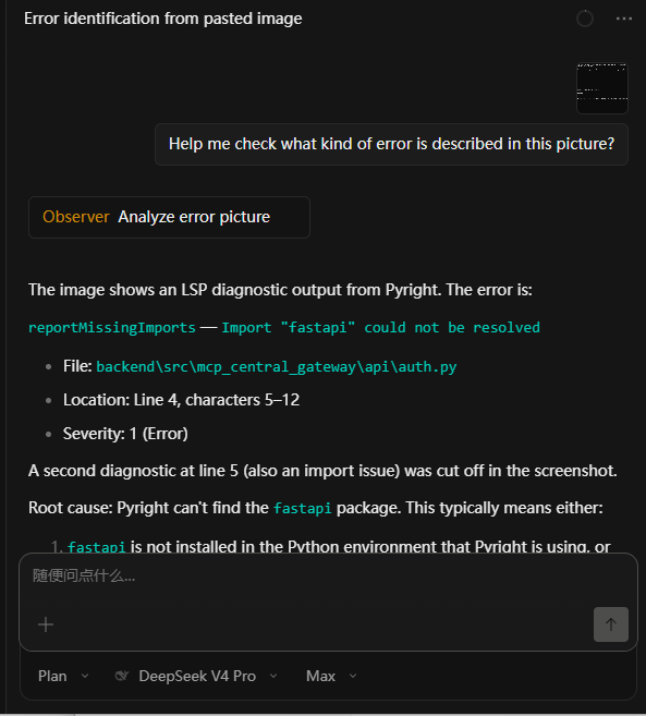 The deepseek-v4-pro agent quickly picked up the error message.