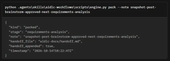 The workflow uses the park command to jot down temporary notes at any time, so it can pick up where it left off if something interrupts it unexpectedly.