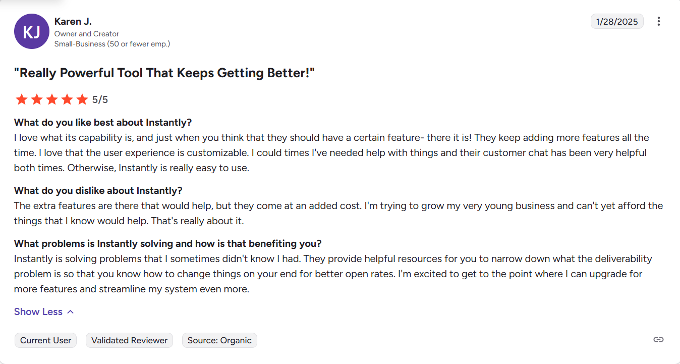 instantly customer review g2