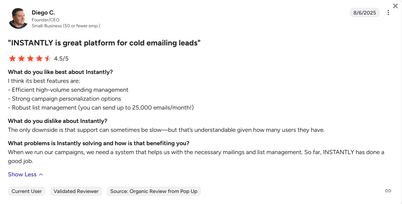 instantly g2 customer review