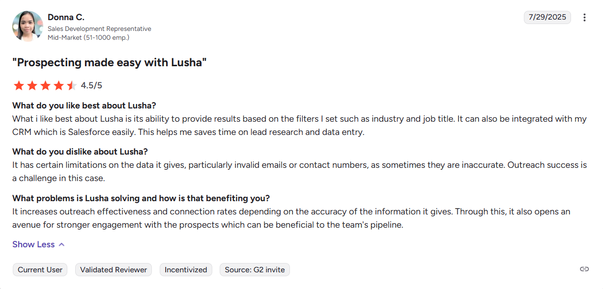 lusha g2 customer review