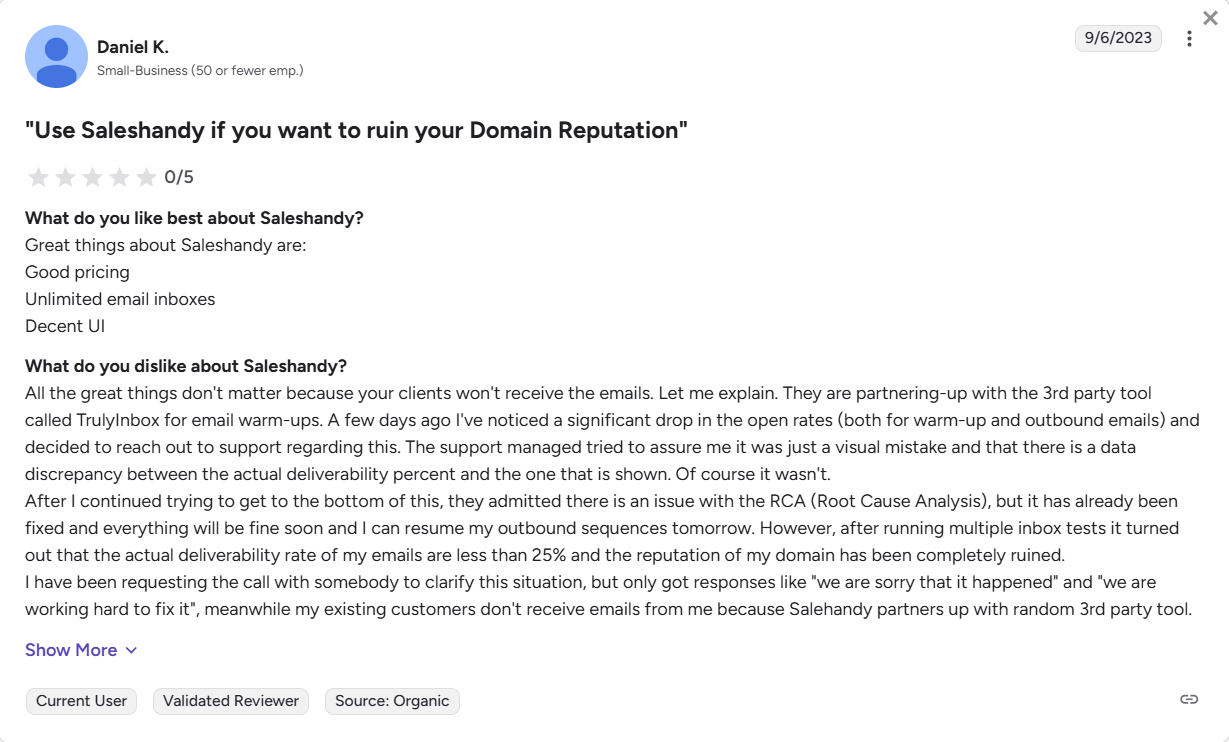 saleshandy g2 customer review