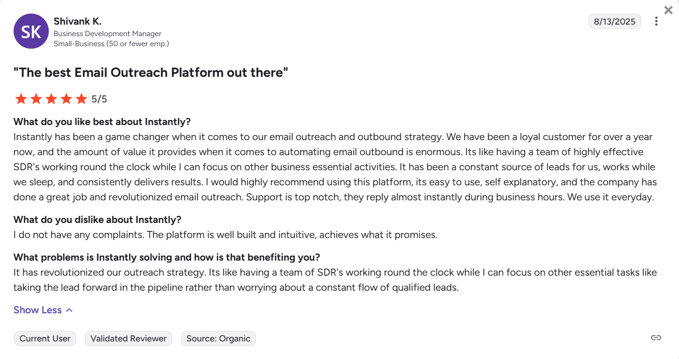 instantly platform g2 review