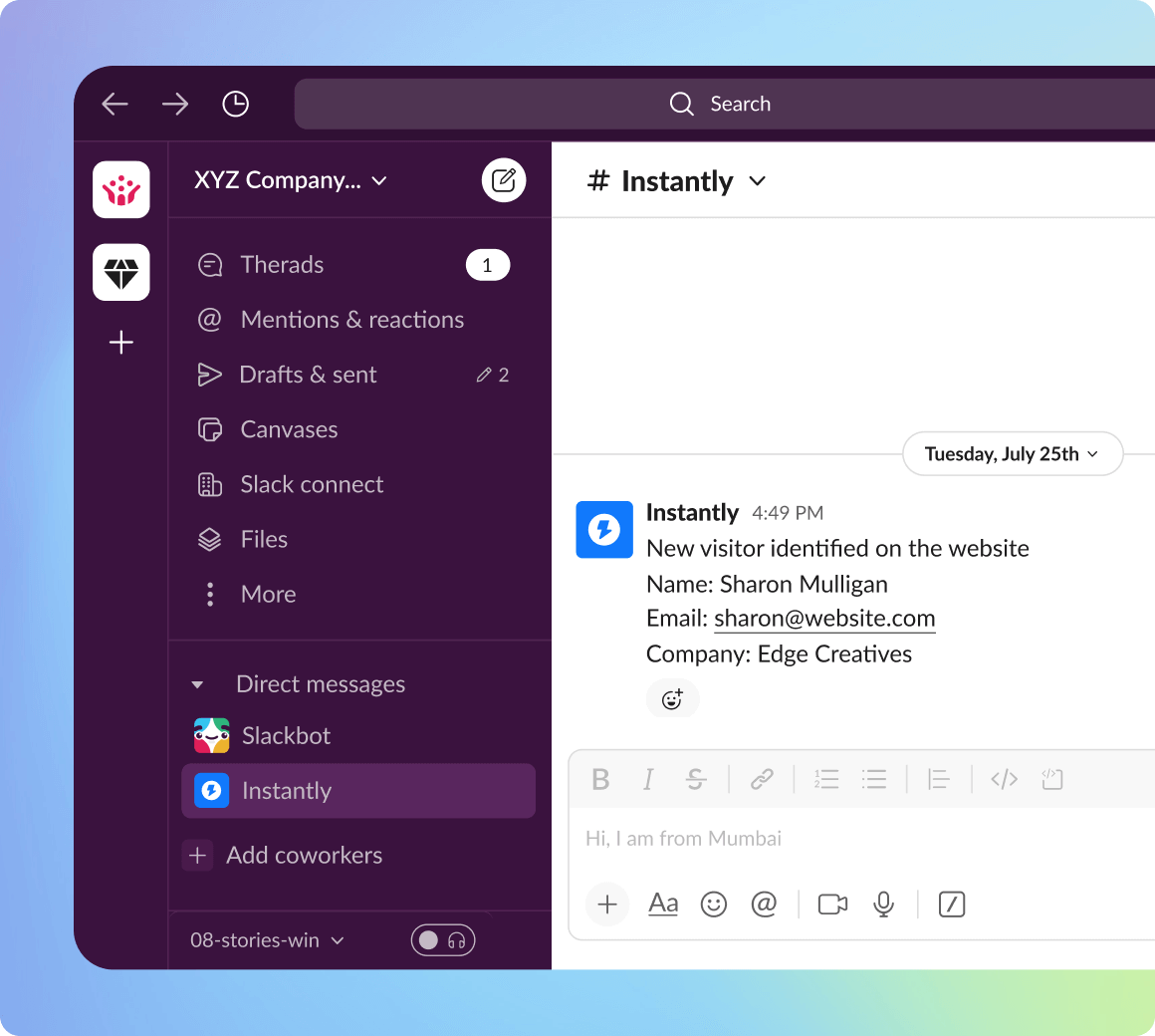 instantly website visitor slack export