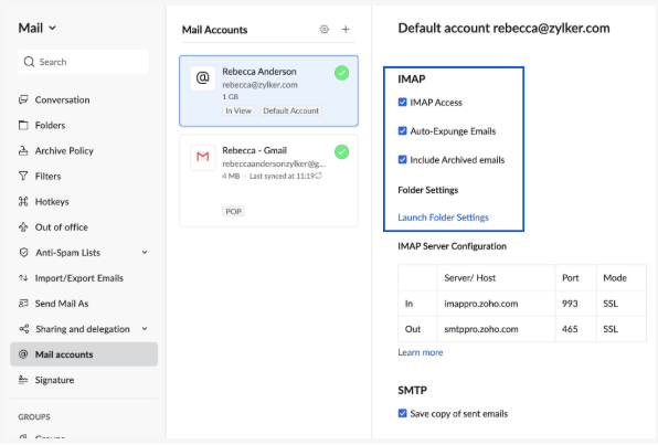 enable imap access in zoho mail