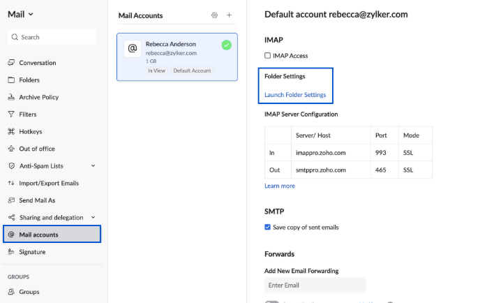 folder settings in zoho mail