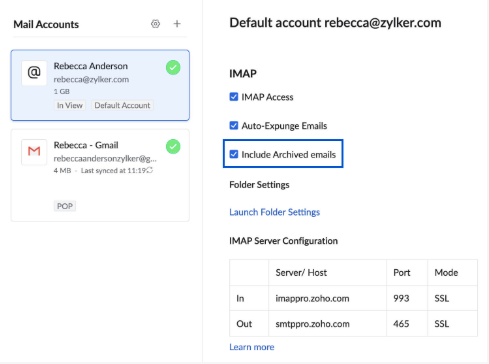 include archived emails in zoho imap