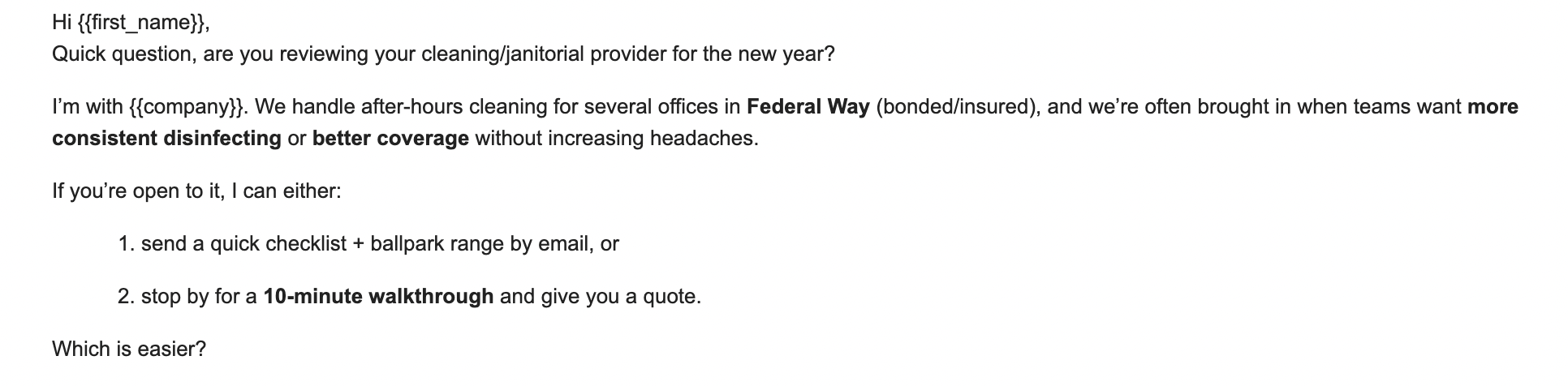 janitorial email format example