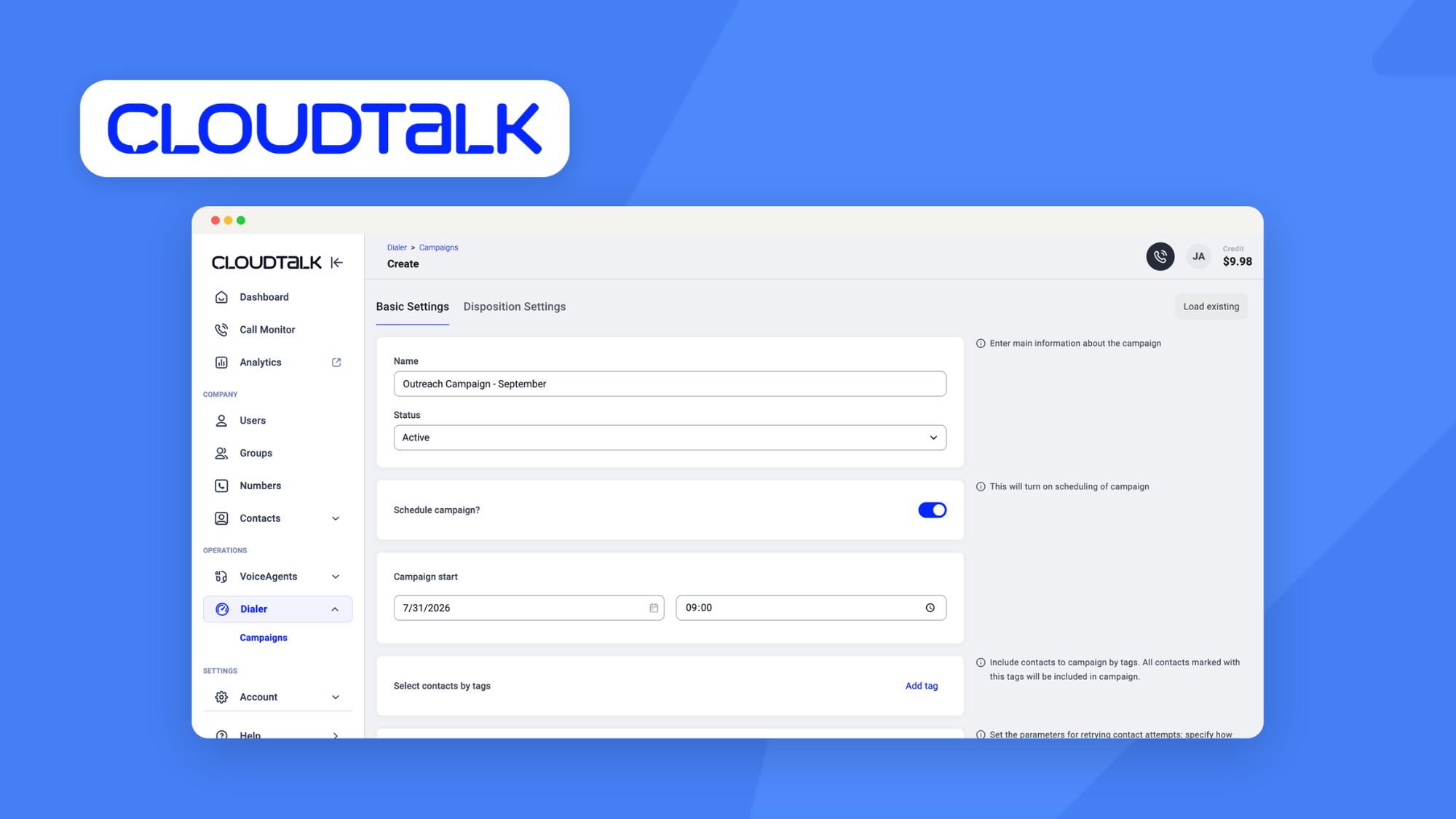 CloudTalk power dialer campaign configuration
