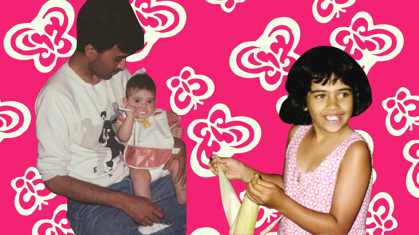 A father wearing a white sweatshirt and bluejeans holding a baby holding a spoon. On the right, the baby as a grown child.