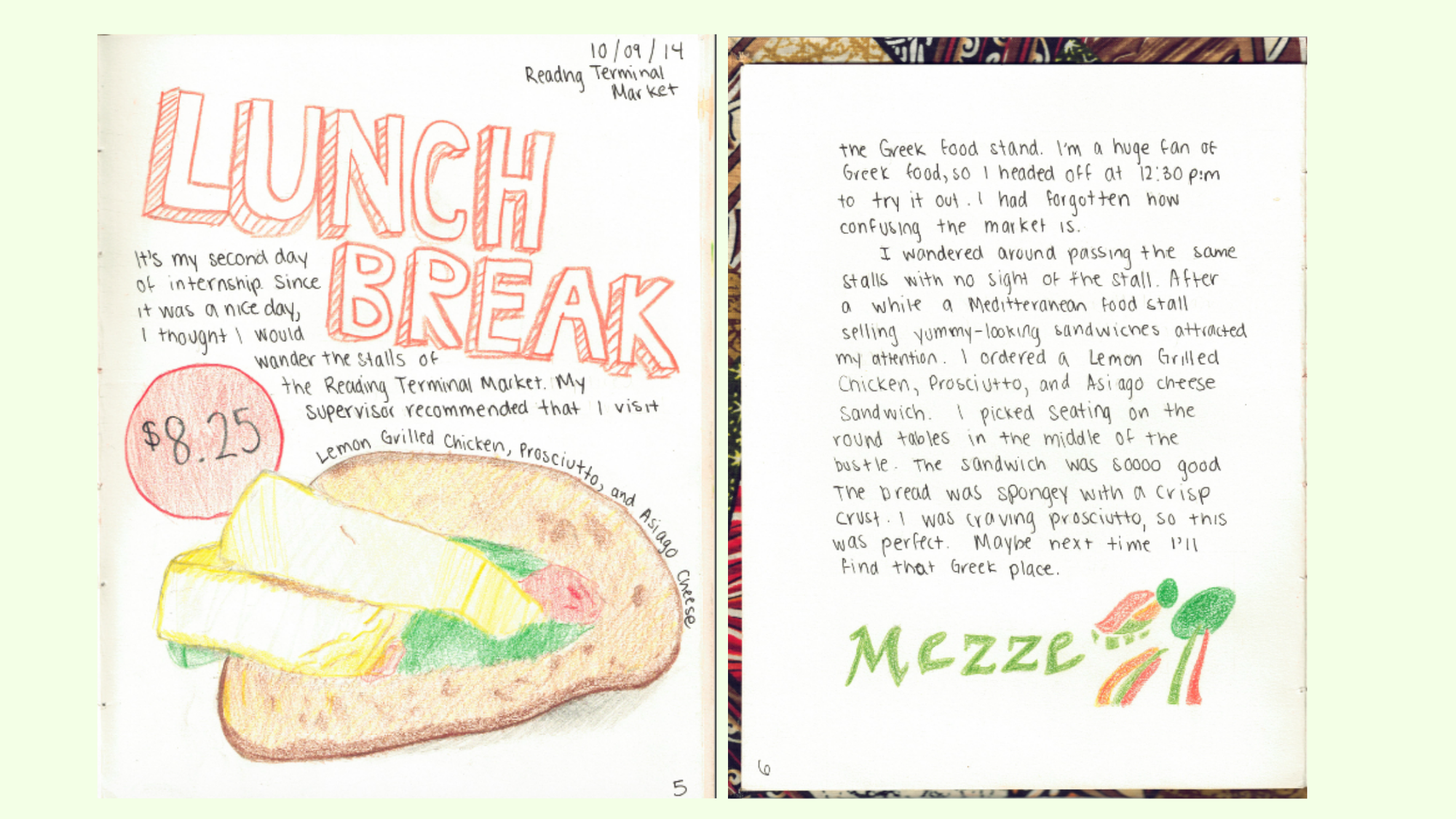 "Lunch Break" with an illustration of a lemon grilled chicken, prosciutto and asiago cheese sandwich
