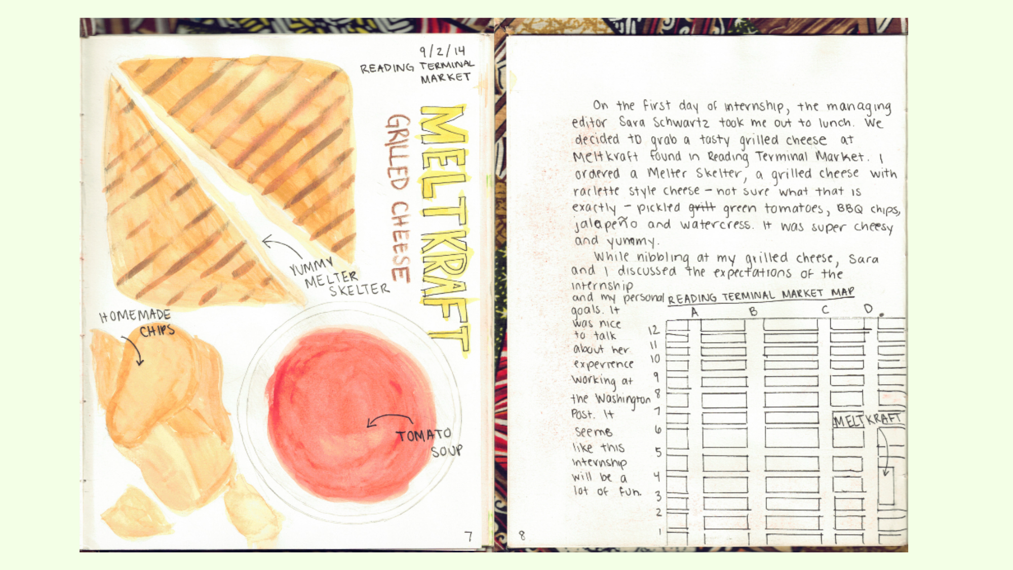 Illustration of a grilled cheese with homemade chips and tomato soup