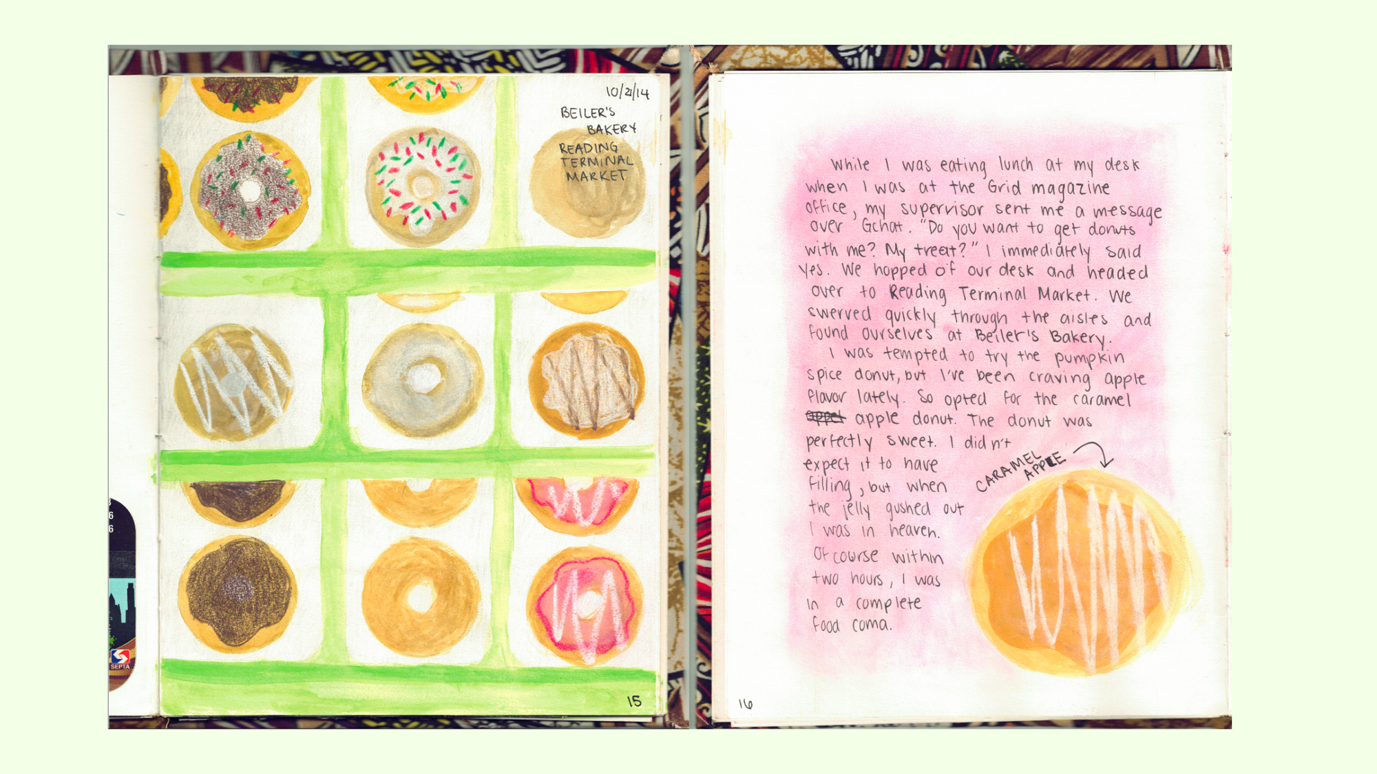 Illustrations of a caramel apple donut from Beiler's Bakery