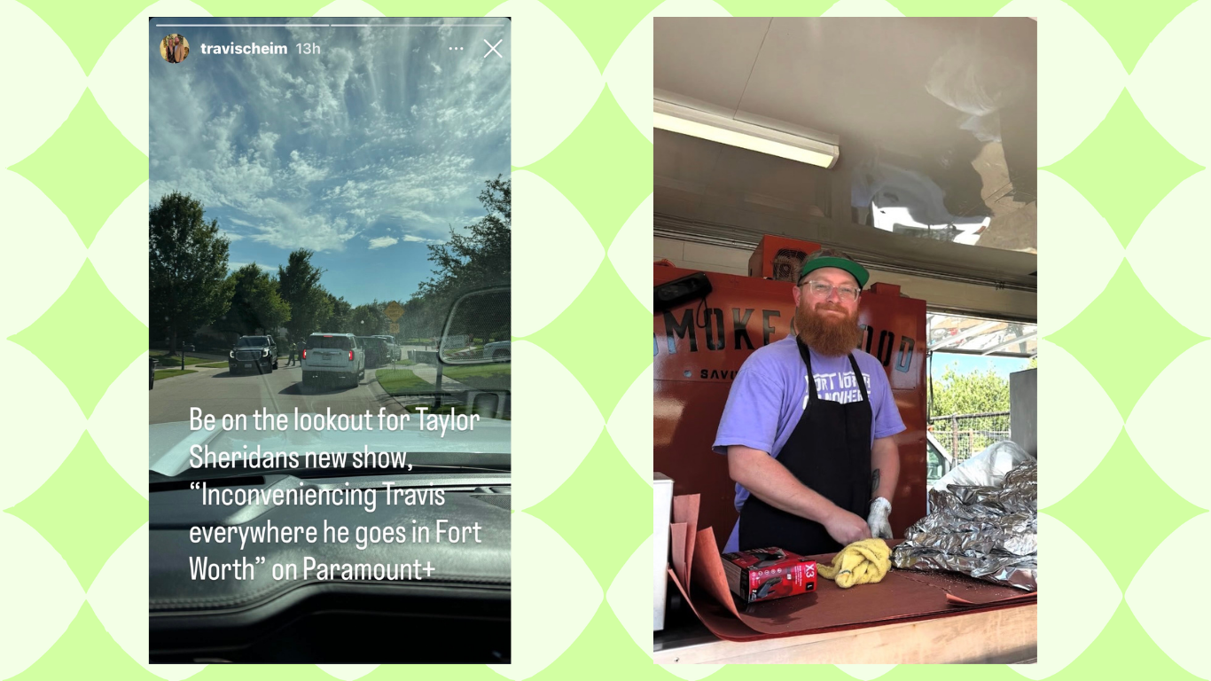 On the left is a photo of an Instagram story with traffic. It says, "Be on the lookout for Taylor Sheridans new show, 'Inconveniencing Travis everywhere he goes in Fort Worth' on Paramout+." On the right, a man with a long red beard and ballcap works in a barbecue trailer.