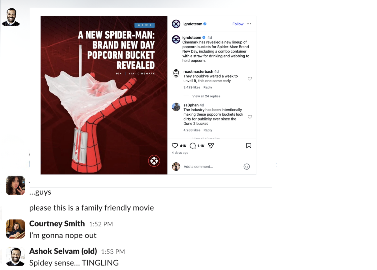 A Slack conversation between three folks and a bizarre Spider-Man-themed popcorn bucket image.
