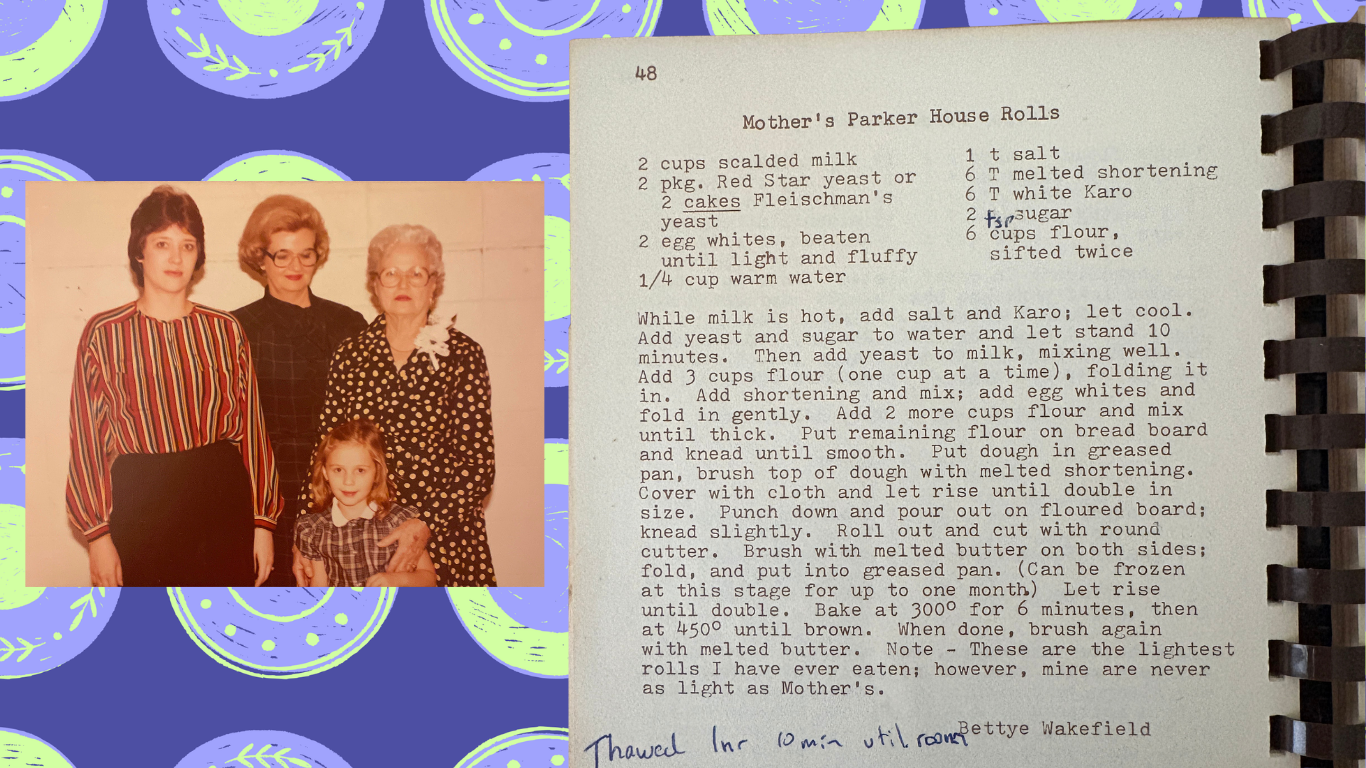 On the left is a photo of three women and a little girl, to the right is a recipe from an old cookbook for Mother's Parker House Rolls with handwritten notes.